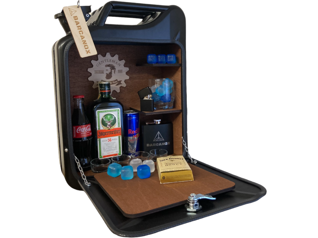 Kanister bar čierny – padací most hnedý, dekorácia a minibar do pánskej jaskyne (man cave)