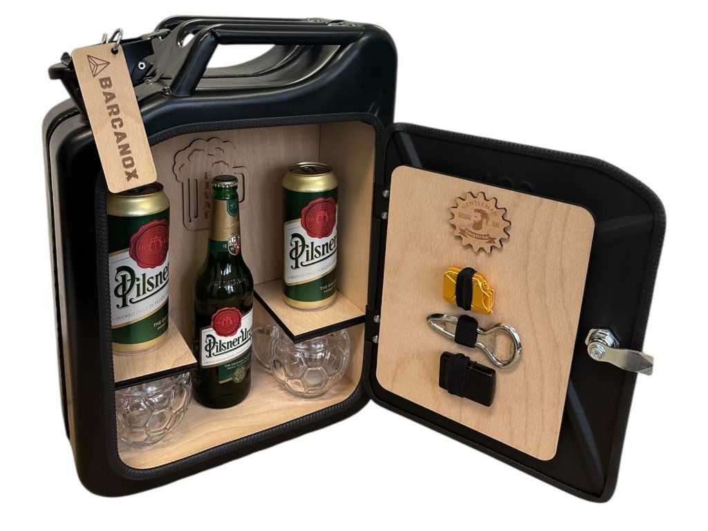 Kanister bar čierny – PIVO – prírodné drevo, darček pre motoristu do garáže